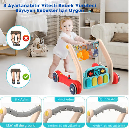 Montessori Atölyesi 2'si 1 Arada İlk Adım Yürüteci & Aktivite Masası | Müzikli, Işıklı, Yükseklik Ayarlı (9-24 Ay)